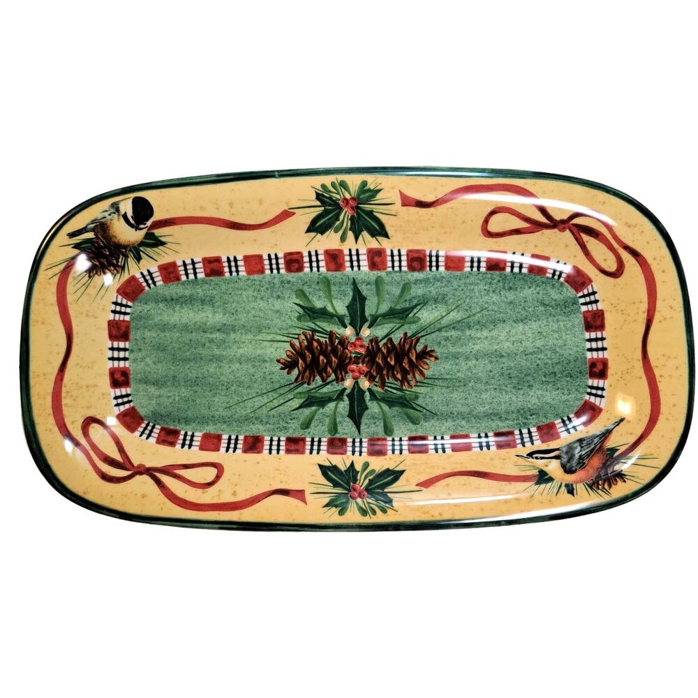 Lenox Winter Greetings 14.5 Hors d'Oeuvre Tray Christmas Birds Pinecones Plaid